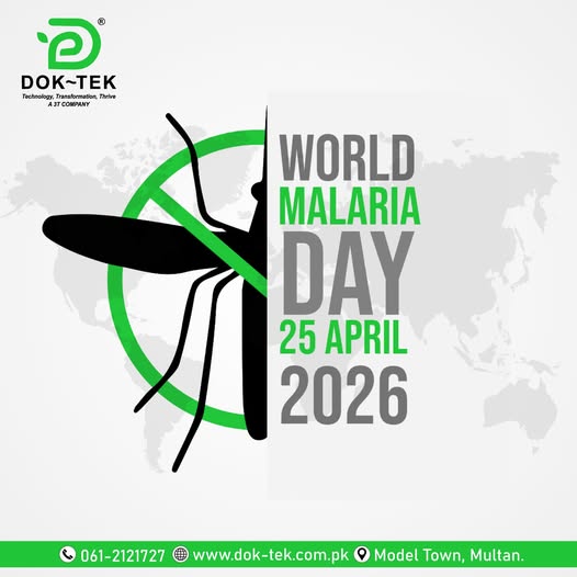DOK-TEK World Malaria Day 2026 official awareness poster with mosquito prevention symbol.