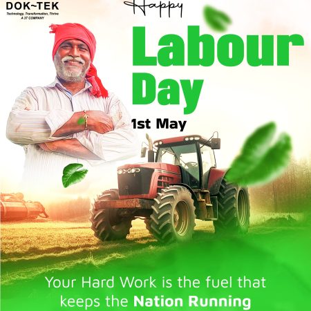 A DOK-TEK Labour Day tribute featuring a smiling Pakistani farmer in a red turban and a modern tractor in a sunlit field, with the text "Your Hard Work is the fuel that keeps the Nation Running.